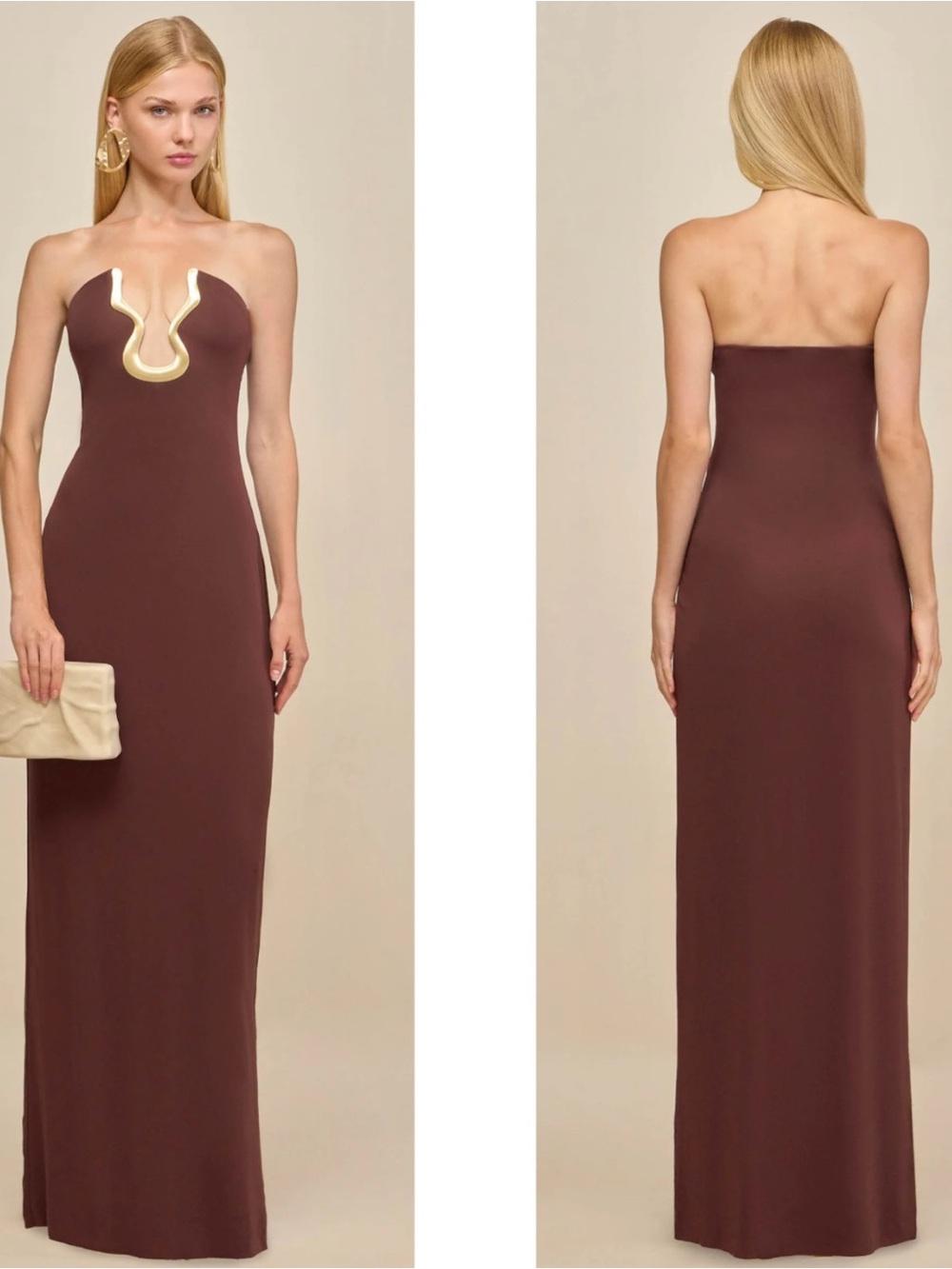 CULT GAIA Abril Strapless Gold Detail Column Brown Maxi Dress Size 4